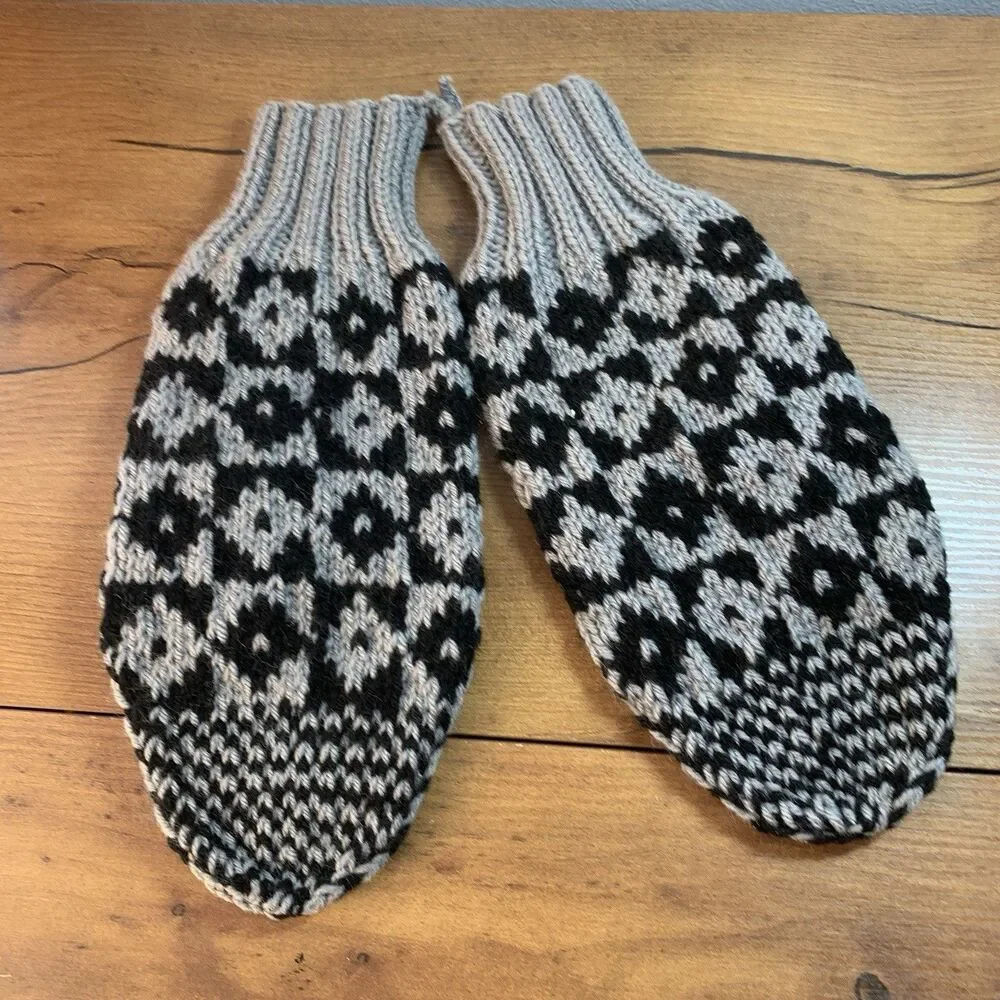 Handknit Black and Gray Mittens XL-XXL See Measurements Unisex